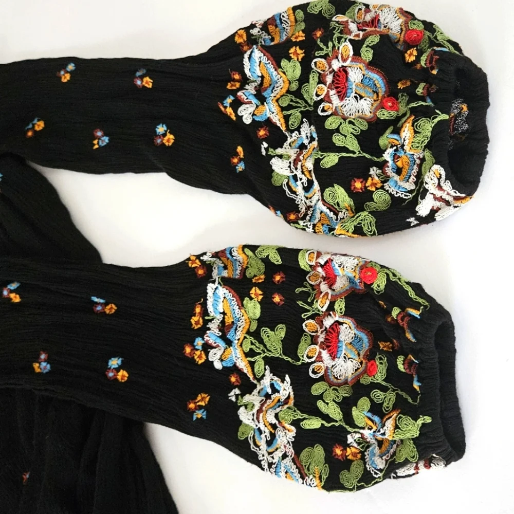 Free People XS Boho Black Oxford W/Embroidered Floral Swing Mini Dress